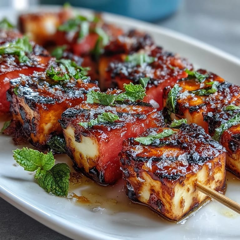 Savory grilled halloumi skewers and sweet watermelon, a vibrant appetizer delight.
