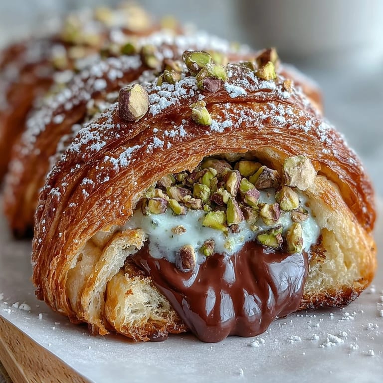 Luxurious Dubai chocolate pistachio croissant French toast, melted chocolate oozing, nuts crunchy.