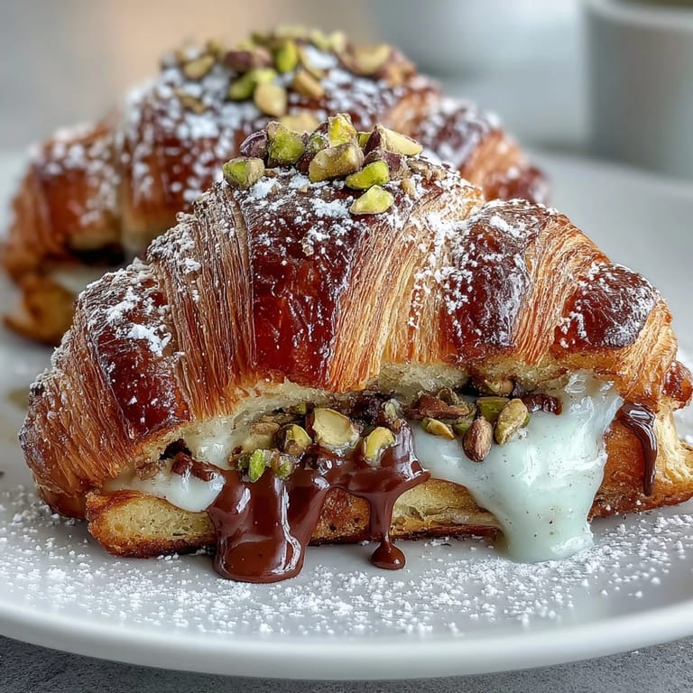 Savor this decadent Dubai chocolate pistachio croissant French toast, dusted with powdered sugar.