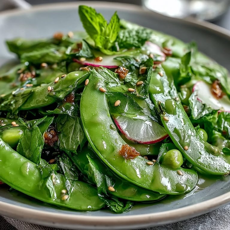 Freshly tossed Snap Pea and Radish Spring Salad with toasted sesame seeds.