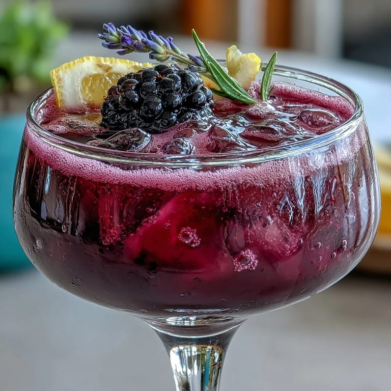 Sparkling blackberry lavender lemonade fizz adorned with ice and a lemon slice.