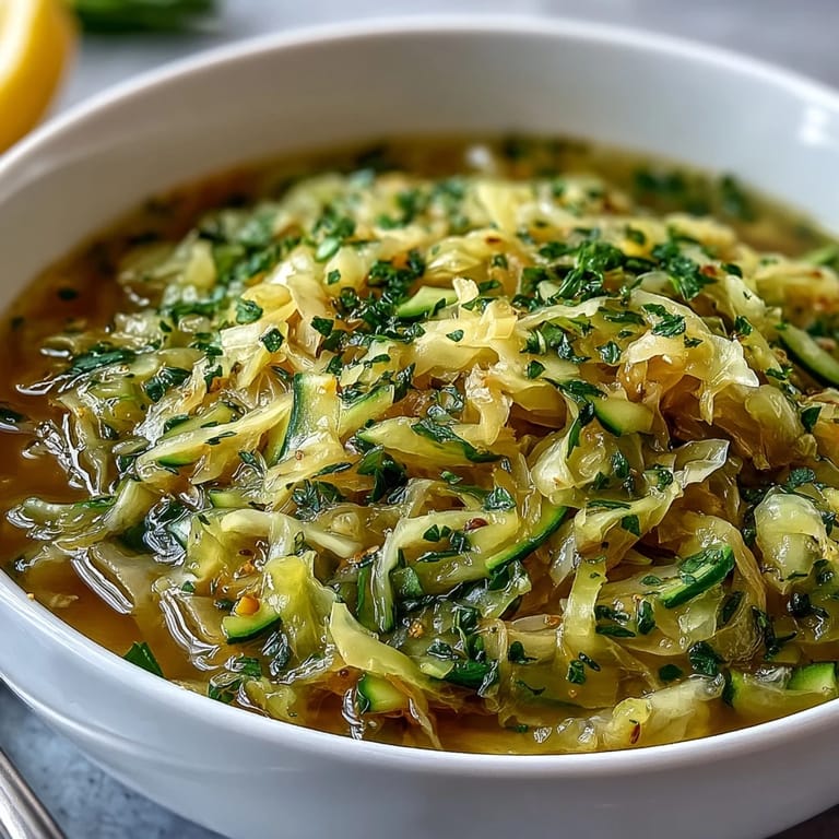 Nourishing Spring Detox Cabbage Soup, garnished with fresh parsley and a lemon wedge.