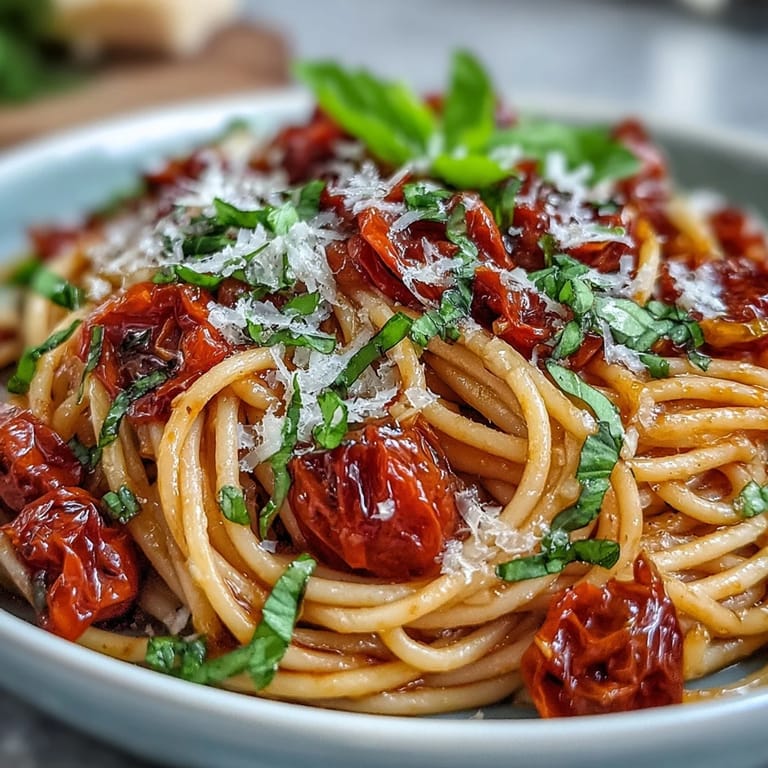 Savory garlic oil coats tender cherry tomato confit pasta, ready to serve.
