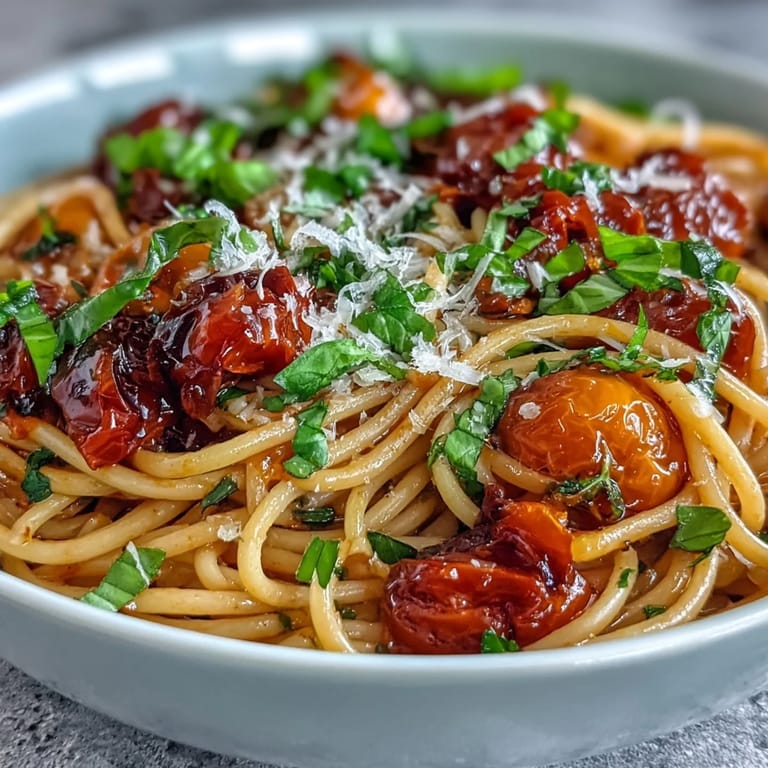 Al dente spaghetti and sweet confited cherry tomatoes with fragrant garlic oil.