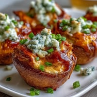 Golden-brown baked Buffalo Wing Poppers with melted blue cheese and buffalo sauce drizzle on a platter.