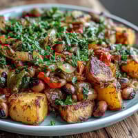 Golden Yukon Gold potatoes, roasted black-eyed peas, and diced bell peppers in Black-Eyed Pea Hash, fresh from the oven. 