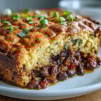 Hearty vegan taco pot pie with black beans and golden cornbread topping baked in a casserole dish.