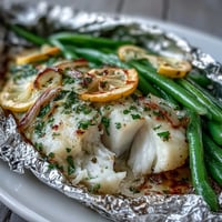 A foil packet of tender tilapia fillets and crisp green beans with zesty lemon garlic marinade, baked until flaky and fragrant.