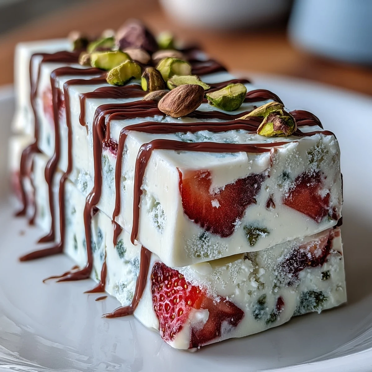 Creamy Greek yogurt bark with fresh strawberries and crunchy pistachios, a vibrant Valentine's Day dessert.