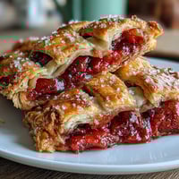 Golden strawberry hand pies with lattice tops, juicy filling peeking through woven pastry crust, perfect for summer picnics or outdoor gatherings.