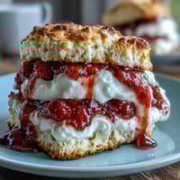 Golden strawberry scones split open and layered with creamy vanilla yogurt and fresh macerated strawberries.