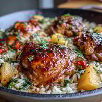 One-pan pineapple chicken and rice bake with tender chicken, juicy pineapple, and colorful bell peppers, baked to perfection.  