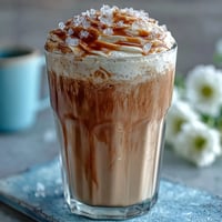 Creamy vanilla bean frappuccino protein shake with real vanilla, Greek yogurt, and ice in a frosty glass.