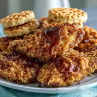 Crispy Southern Fried Chicken with Honey Butter Biscuits on a rustic wooden table, golden crust glistening beside flaky honey butter biscuits.
