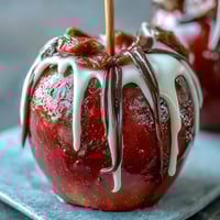 Classic red candy apples with white chocolate drizzle gleam under kitchen lights, glossy red coating contrasting with creamy white drizzle.  