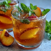 Sparkling Mango Peach Tea with fresh fruit slices and mint, served over ice in a clear glass.