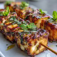Halloumi skewers with watermelon and mint, hot off the grill with golden cheese.