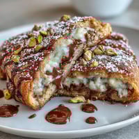 Golden brown Dubai chocolate pistachio croissant French toast, a sweet, buttery breakfast dream.