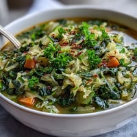 Steaming bowl of Spring Detox Cabbage Soup, bright with turmeric and lemon.