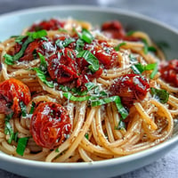Glossy cherry tomato confit pasta with garlic oil, perfect for a summer meal.
